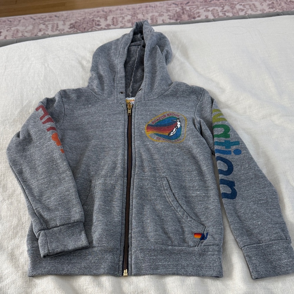Aviator Nation Gray Hoodie with Rainbow Letters